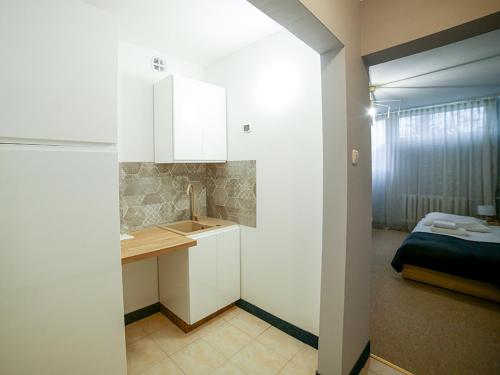 uma cozinha com um lavatório e uma cama num quarto em Izabella em Puławy