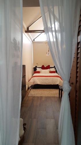 a bedroom with a bed through a curtain at Cozy Beach Apartment in San Juan