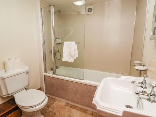 a bathroom with a toilet and a shower and a sink at Hornington Lodge in York