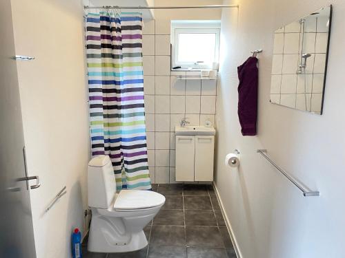 a bathroom with a toilet and a shower curtain at Skjernaa-ferie/ Andersen Invest in Skjern