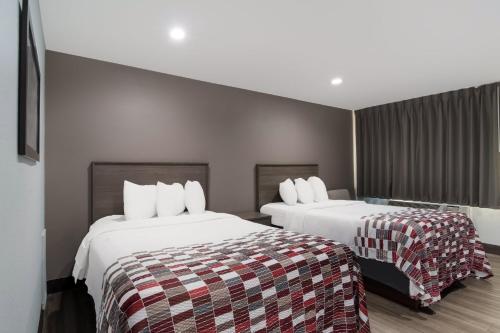 Habitación de hotel con 2 camas y ventana en Red Roof Inn Rocky Mount - Battleboro en Battleboro