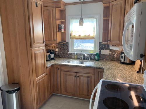 uma cozinha com armários de madeira, um lavatório e uma janela em Briar Creek Rd bnb em Charlotte