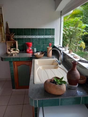 a kitchen counter with a sink and a window at Chez cloclo in Le Gosier