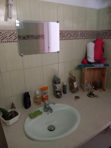 La salle de bains est pourvue d'un lavabo et d'un miroir. dans l'établissement Chez cloclo, au Gosier