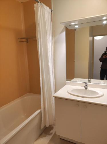 une salle de bain avec un lavabo, une baignoire et un miroir dans l'établissement Le Caldarium - Classé 2 Etoiles - Thermes 10 mn - 6 pers, à Avène