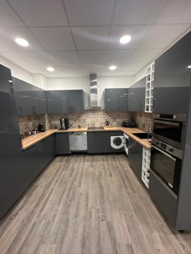 Il comprend une grande cuisine avec des placards gris et du parquet. dans l'établissement Loft chic standing, à Franconville