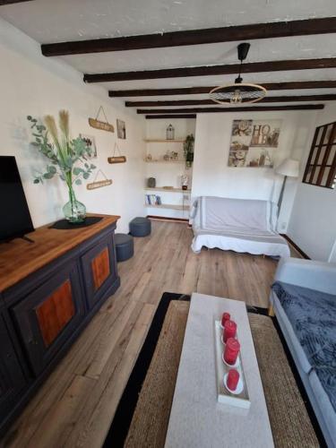 a living room with a couch and a tv at Escapade sur le port de Dinan in Dinan