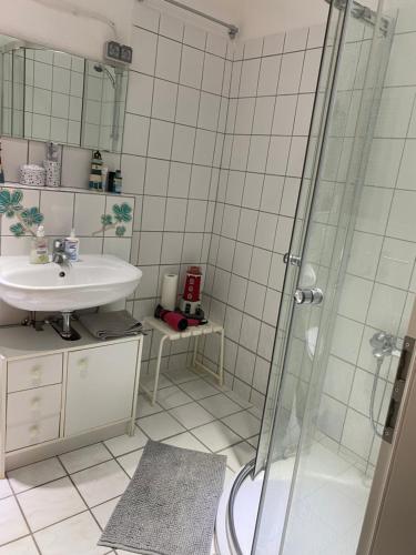 y baño con lavabo y ducha. en Helles Appartment en Bremen
