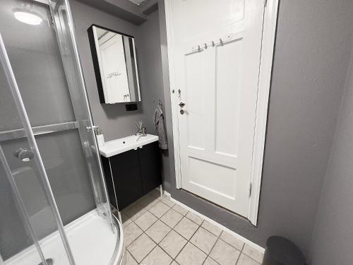 a bathroom with a shower and a toilet and a sink at Mos Appartment in Reykjavík