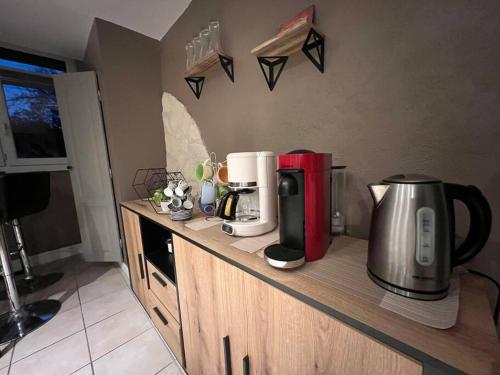 uma cozinha com um balcão e comodidades para preparar café em Les 4 chênes - T2 refait à neuf em Le Pont-de-Beauvoisin
