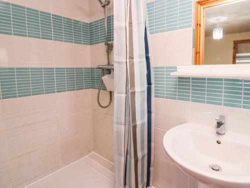 a bathroom with a sink and a shower at Pant Y Rhedyn in Llandrindod Wells