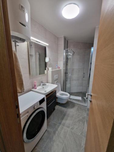 a bathroom with a sink and a washing machine at Olimpijska kuća A307 in Jahorina