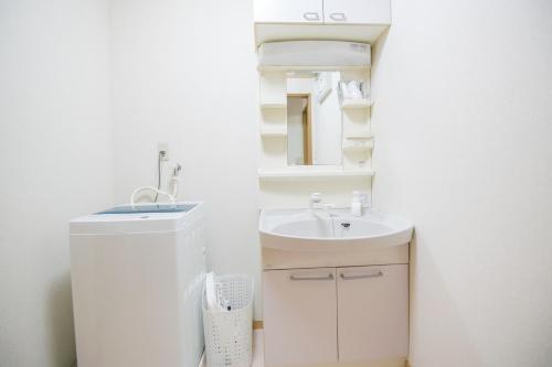 bagno bianco con lavandino e specchio di Tokai Ryokan Ichigokan - Vacation STAY 29187v ad Atami