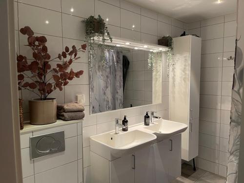 łazienka z 2 umywalkami i lustrem w obiekcie Sillvik C&J Hugosson 