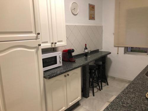 eine kleine Küche mit einer Theke und einer Mikrowelle in der Unterkunft Tablada Los Remedios in Sevilla