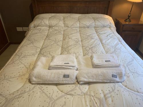 a bed with three towels on top of it at Departamento Céntrico in Goya