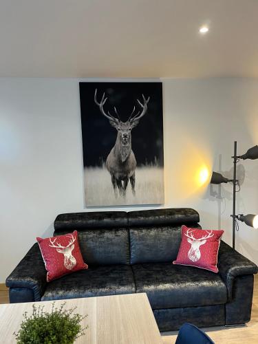 a living room with a couch and a picture of a deer at La croisée des chemins in Le Bourg-dʼOisans