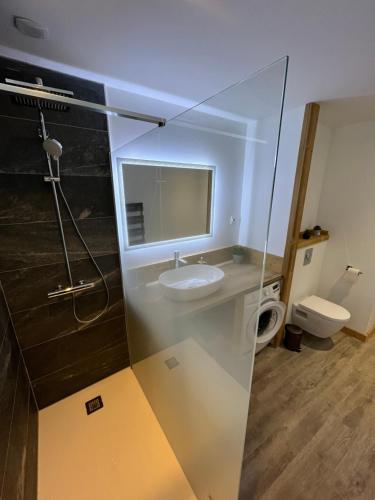a glass walled bathroom with a sink and a toilet at La croisée des chemins in Le Bourg-dʼOisans