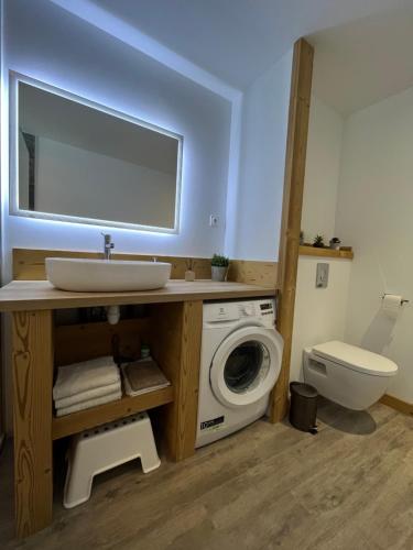a bathroom with a sink and a washing machine at La croisée des chemins in Le Bourg-dʼOisans