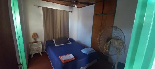 1 dormitorio con 1 cama azul y ventilador en Picunches 2 en Neuquén