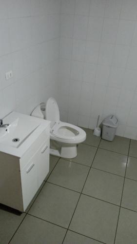 La salle de bains est pourvue de toilettes et d'un lavabo. dans l'établissement Cabaña peumayen, à Juan Chico