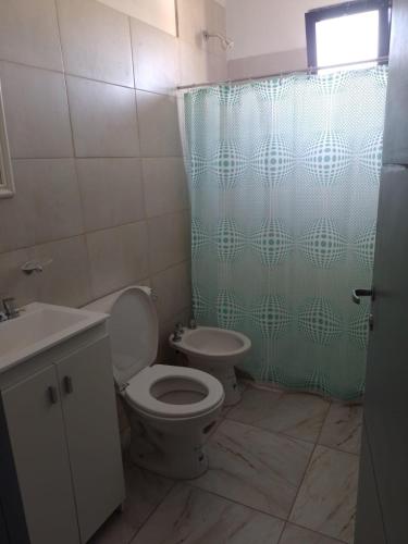 a bathroom with a toilet and a shower curtain at TUNUYAN Apart in Tunuyán