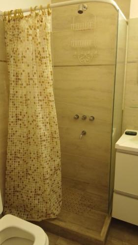 y baño con cortina de ducha y aseo. en Departamento en Gualeguaychú en Gualeguaychú