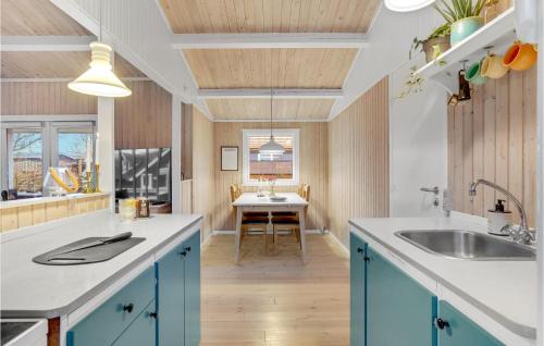 een keuken met blauwe kasten, een wastafel en een tafel bij Pet Friendly Home In Otterup With Wifi in Otterup