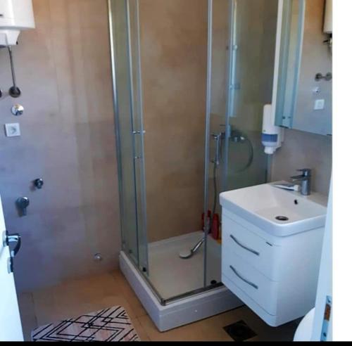 een badkamer met een douche en een wastafel bij Boletov Raj in Čurug