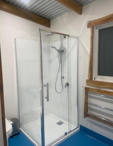 a shower with a glass enclosure in a bathroom at Acacia Hills Retreat in Acacia Hills