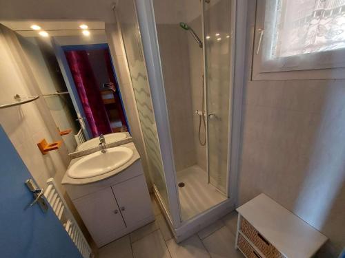 une salle de bain avec douche et lavabo dans l'établissement Studio Cabine Mezzanine, 6 Pers, Terrasse Sud, Près Quai, Parking Privé - FR-1-326-755, à Marseillan