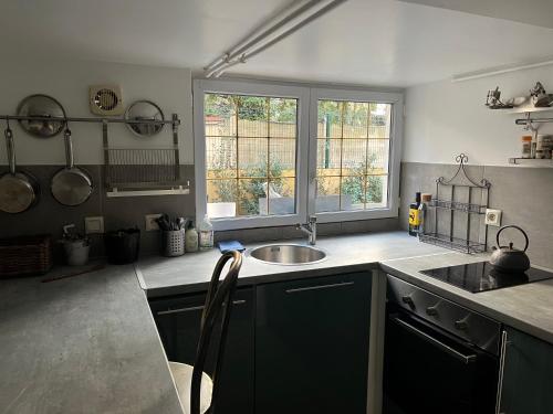a kitchen with a sink and a counter top at Petit studio de la Maison du Bonheur - Rez de jardin in Villiers-sur-Marne