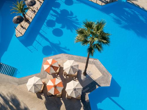 an overhead view of a pool with a palm tree and umbrellas at Aquila Rithymna Beach in Adelianos Kampos