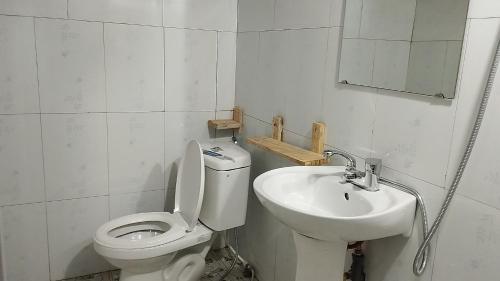 La salle de bains est pourvue de toilettes et d'un lavabo. dans l'établissement huy homestay, à Ha Giang