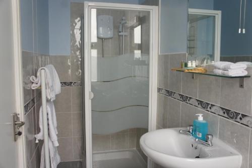 a bathroom with a sink and a shower at Amazon Guest House in Oxford