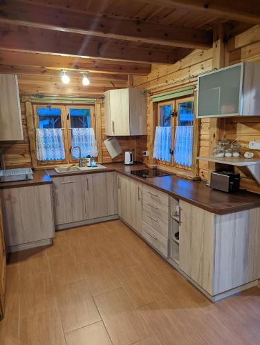 a large kitchen with wooden walls and wooden floors at Czarcie Głazy in Wiele