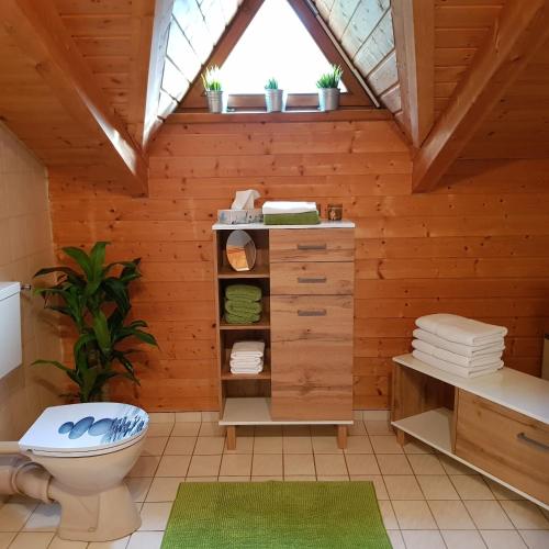a bathroom with a toilet and a window at Ferienhaus Walter im Waldferiendorf in Regen