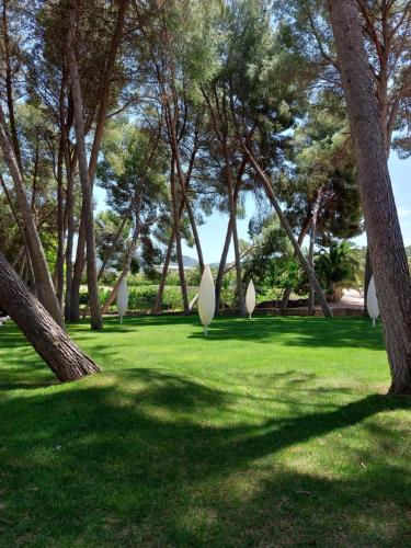 un parque con árboles y esculturas blancas en el césped en Casa de La Campana, en Cieza
