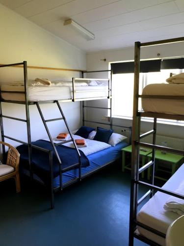 a room with three bunk beds and a blue couch at Helgafell Hostel in Djúpivogur