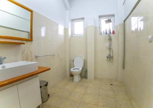y baño con aseo, lavabo y ducha. en Студио за четирима в село Ягодово, на 5 км от Пловдив и летище Крумово en Yagodovo