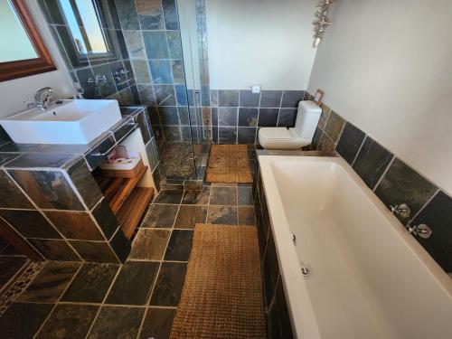 ein Badezimmer mit einer Badewanne, einem WC und einem Waschbecken in der Unterkunft Ribboksfontein Guest Farm in De Rust