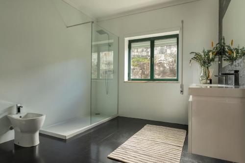 uma casa de banho branca com um chuveiro e um WC. em Casa da Légua em Moledo