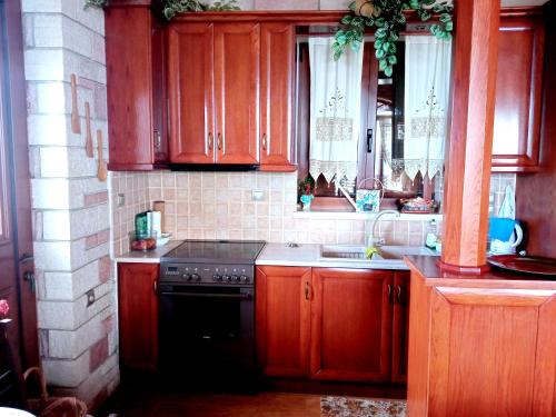 cocina con armarios de madera, fogones y fregadero en Balcony on Trichonida Lake, en Kríon Nerón