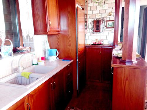 a kitchen with wooden cabinets and a sink at Balcony on Trichonida Lake in Kríon Nerón