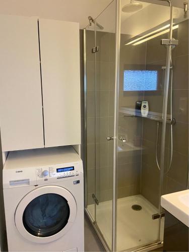 a washing machine in a bathroom with a shower at Deichtraum - 1020 in Dahme