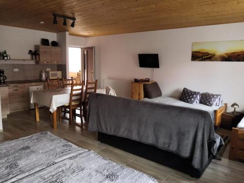 1 dormitorio con 1 cama y cocina con mesa en Ubytování v soukromí Klima en Český Krumlov