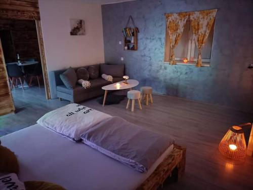 1 dormitorio con cama, sofá y mesa en Chalúpka Anit 