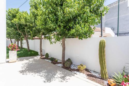 une clôture blanche avec des arbres et un cactus dans l'établissement Blu Marine Residence, à Porto Cesareo