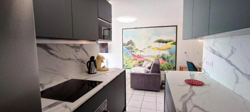 een keuken met witte marmeren aanrechtbladen en een woonkamer bij Superbe appartement avec piscine chauffée et parking privé - La Clé Chaumoise in La Rudelière