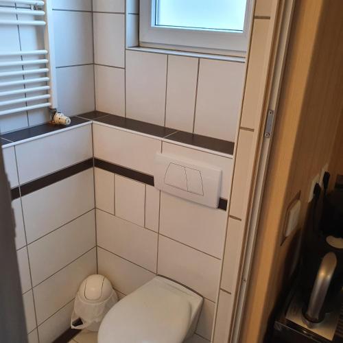een kleine badkamer met een toilet en een raam bij Zimmervermietung Fuchs, in Dresden